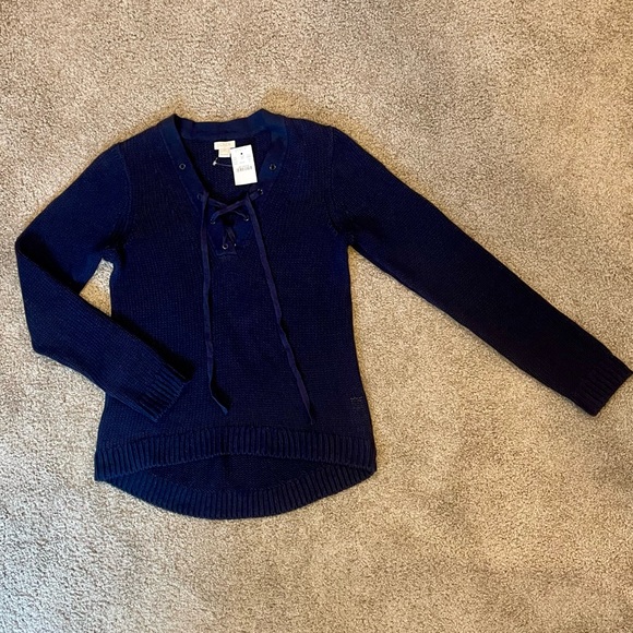 NWT. J. Crew Factory Lace-up Cotton Linen Sweater. Navy Blue. Size Small. - Picture 2 of 11